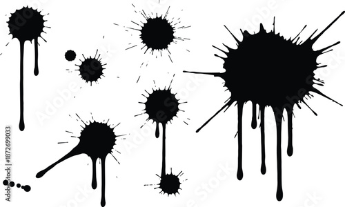 High Contrast Black Ink Splatters and Drips on White Background for Grunge Texture Abstract Art Forensic Analysis and Graphic Design Use