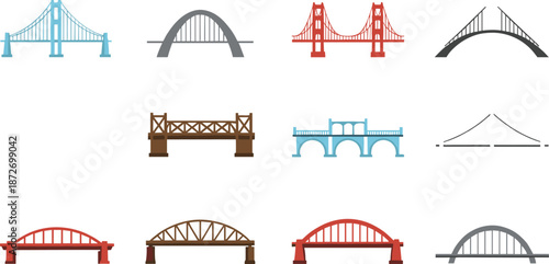 Collection of diverse bridge vector illustrations including suspension, arch, truss, and beam bridge designs for architecture and engineering graphics