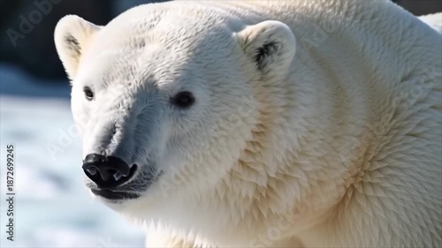 Captivating close-up portrait of a majestic polar bear, showcasing its pristine white fur, dark eyes, and powerful presence in the harsh, icy arctic landscape