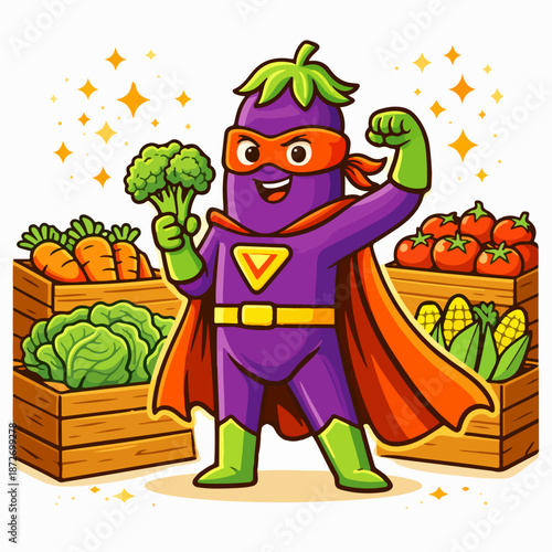 Eggplant vegetable superhero character standing at farmers market with fresh produce