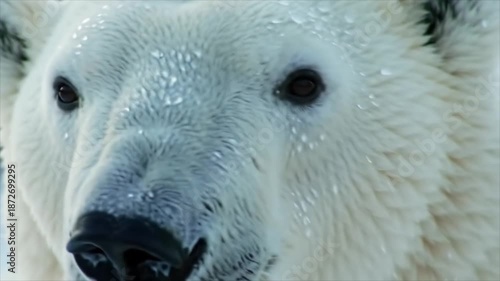 Close-up portrait of a majestic polar bear's face, its fur dusted with snow, showcasing its dark eyes and black nose in a wintry environment