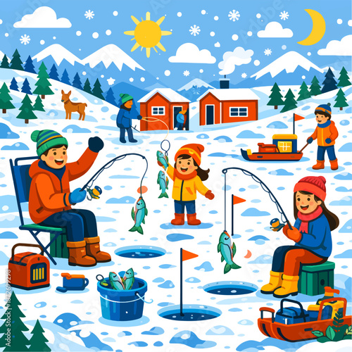 Family ice fishing on frozen lake near winter cabins and snowy mountains