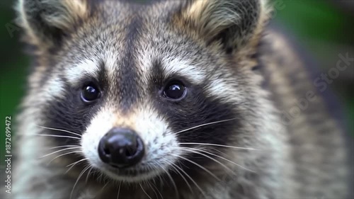 Close-up portrait of a curious raccoon with striking facial markings, captured in natural light