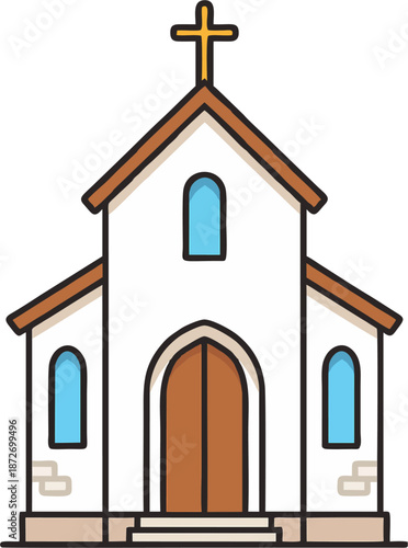 Cute cartoon line art vector of white church with golden cross on steeple, blue arched windows, brown wooden door, and simple roof design