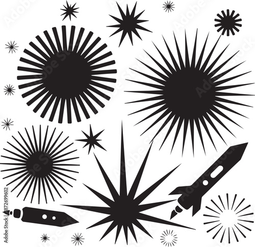 Black and white illustration of various explosive burst shapes and a rocket