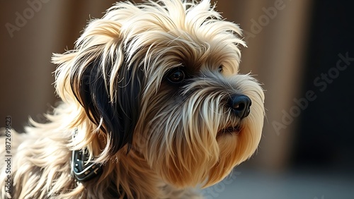 Tibetan terrier with fluffy coat, portrait with natural side lighting.
