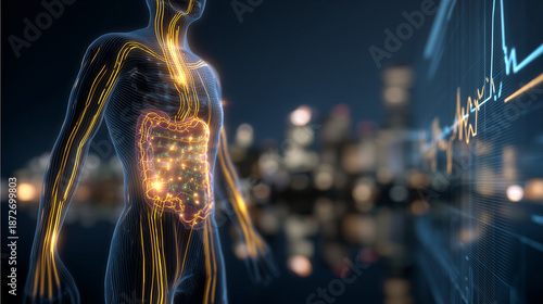 3D Holographic Human Digestive System Visualization – Glowing Neural Pathways, Medical Health Tech Interface, Digital Body Anatomy Scan, Wellness & Healthcare Concept