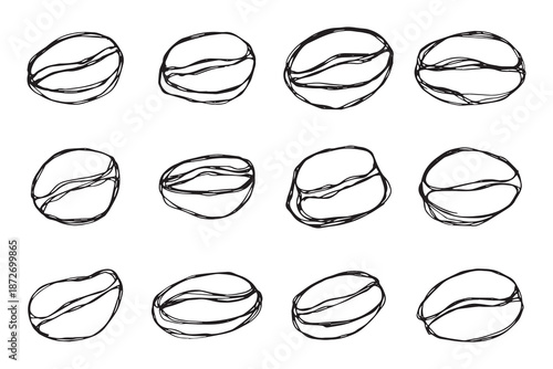 Set of hand drawn fresh roasted coffee bean Arabica robusta seed doodle Single element for design print packaging label decor