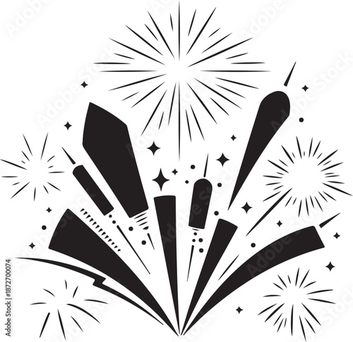 Black and white illustration of exploding fireworks on white background