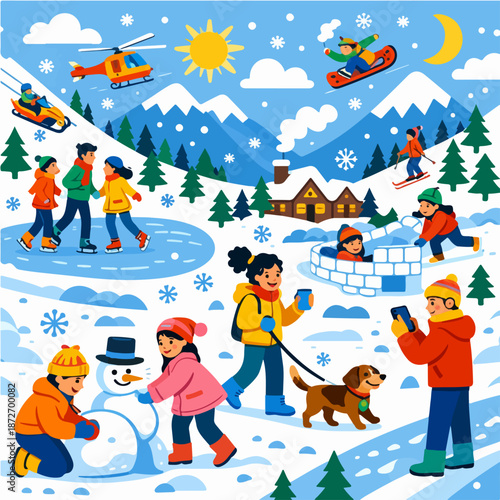 Happy families and children playing in snowy winter park with igloo and snowball fight