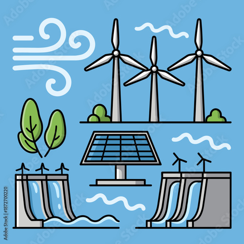 Renewable Energy Sources Illustration with Wind, Solar, and Hydro Power