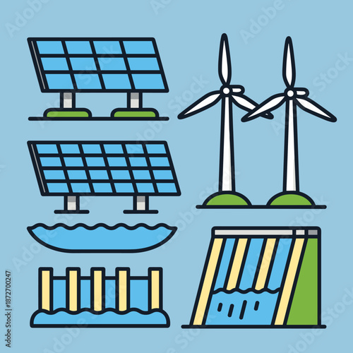 Various Renewable Energy Sources Flat Style Vector Illustration