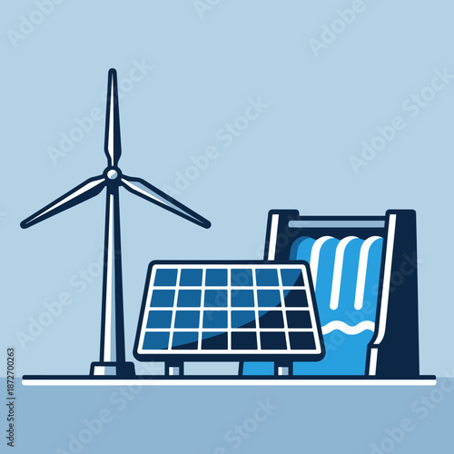 Renewable Energy Sources Wind Turbine, Solar Panels, and Hydropower Dam