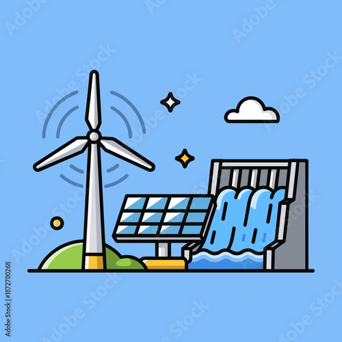 Clean Energy Sources Illustration with Wind, Solar, and Hydro Power