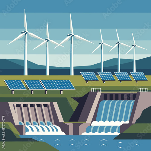 Green Energy Landscape Featuring Wind Turbines, Solar Panels, and Hydro Dams