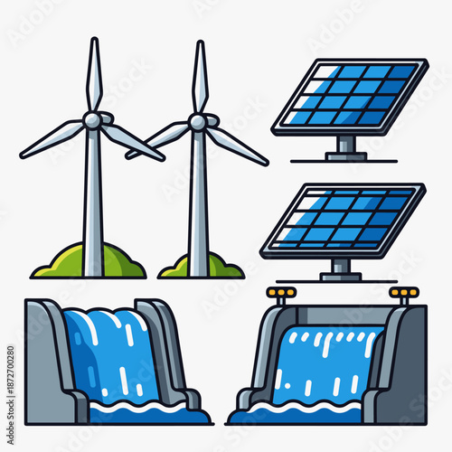 Renewable Energy Sources Collection Wind Turbines, Solar Panels, Dams