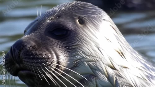 Close-up portrait of a seal's head emerging from the water with droplets on its fur