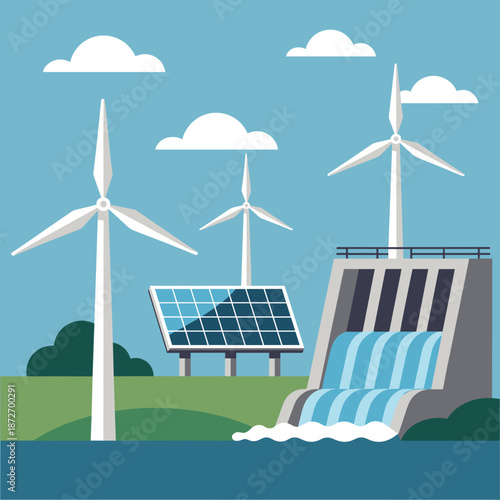 Green Energy Systems Wind Turbines, Solar Panels, and a Hydroelectric Dam