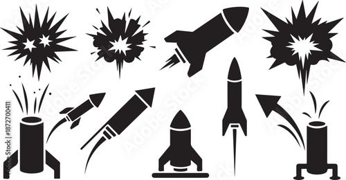 Black and white illustration of various rockets and explosions