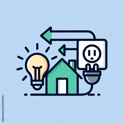 Home Electricity Connection Concept with Light Bulb, House, and Power Outlet