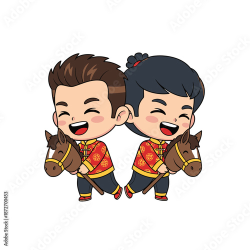 Illustration of a joyful couple holding horse figurines, dressed in traditional attire, standing together, against a clean background, viewed from the front.