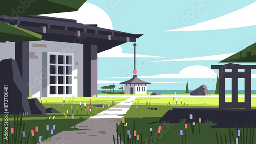 Serene Vector Illustration of Traditional Japanese Temple Garden Scene