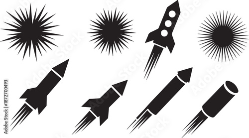 Black and white illustration of rockets and explosions in space
