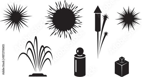 Fireworks explosion silhouettes and shapes on white background