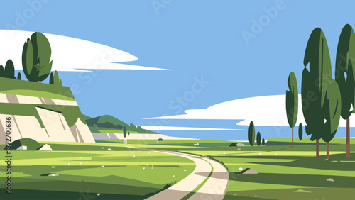 Scenic Rural Landscape with Winding Dirt Road and Tall Green Trees