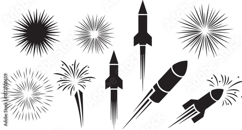 Black and white illustration of rockets and fireworks explosions