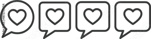 Four black and white speech bubbles with heart symbols inside