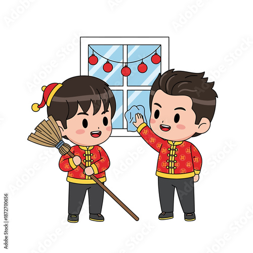 Two boys in red jackets cleaning a window with Christmas decorations hanging outside on a snowy day
