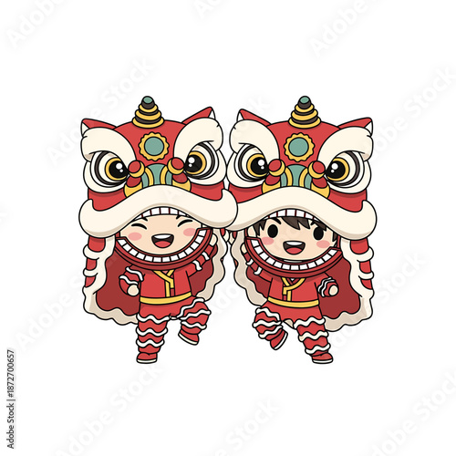 Two cartoon lion dancers standing side by side with vibrant red and white costumes