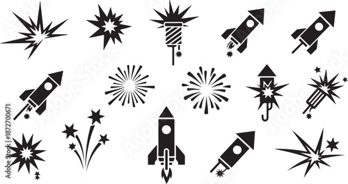 Black and white illustration of rockets and fireworks exploding in the sky
