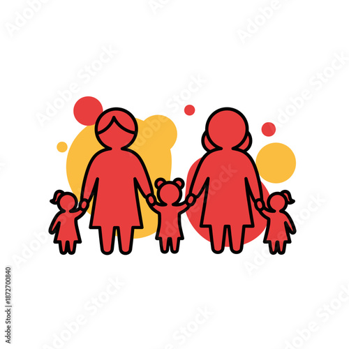 Illustration of a family with two mothers and three children holding hands, with colorful background shapes.