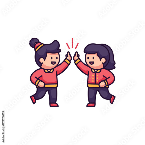 Two happy cartoon children, a boy and a girl, giving a high five, celebrating friendship and success.