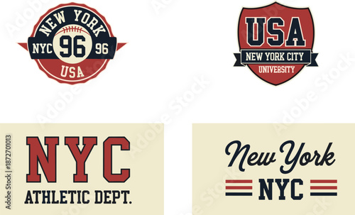 Vintage New York City varsity badges and athletic department logos collection with USA university style for sports apparel and t-shirt design