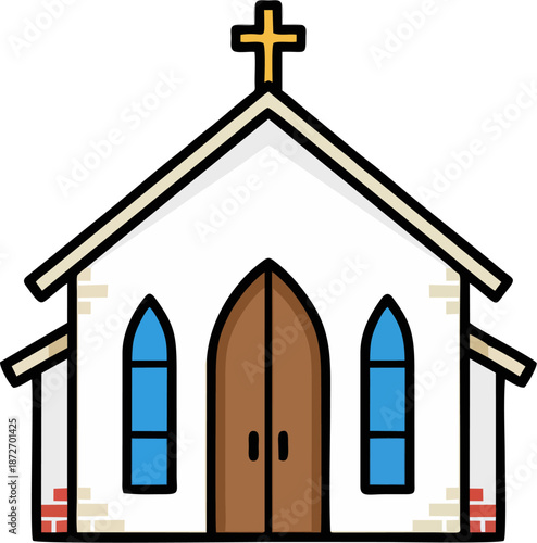 Simple cute cartoon vector of white church with golden cross on peaked roof, gothic blue stained glass windows, brown arched wooden door, and brick base accents