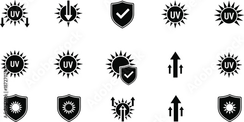 UV protection icon set with sun, shield, arrows and check marks for sunscreen, clothing, safety labels and product packaging design
