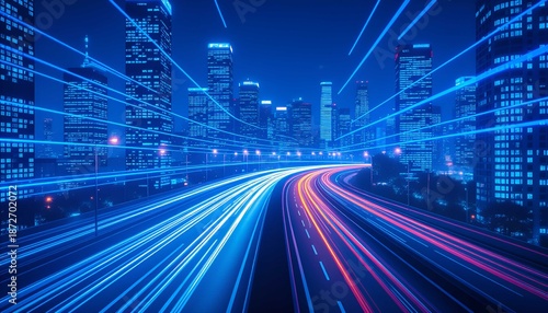 Futuristic city night traffic with blue light trails and technology