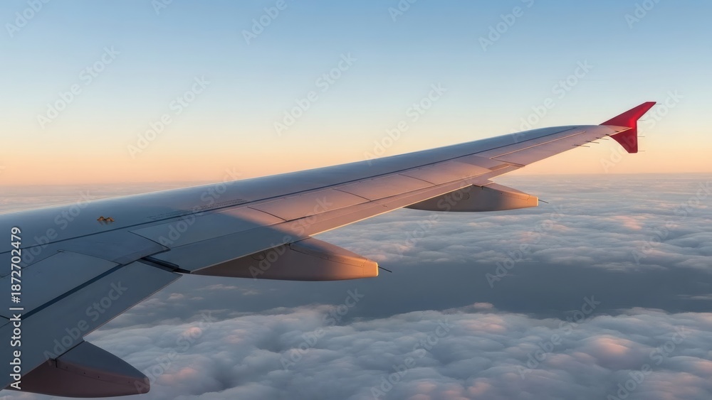 Fototapeta premium Airplane wing above clouds during sunrise or sunset, with warm light.