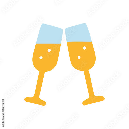 Two cartoon champagne glasses toasting cheerfully perfect for new years eve invitations, celebration announcements, and festive greeting cards.