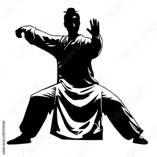 Kung fu master silhouette in martial arts stance. Traditional Chinese fighting pose with defensive position. Perfect for martial arts schools, training materials, sports designs and Asian culture proj