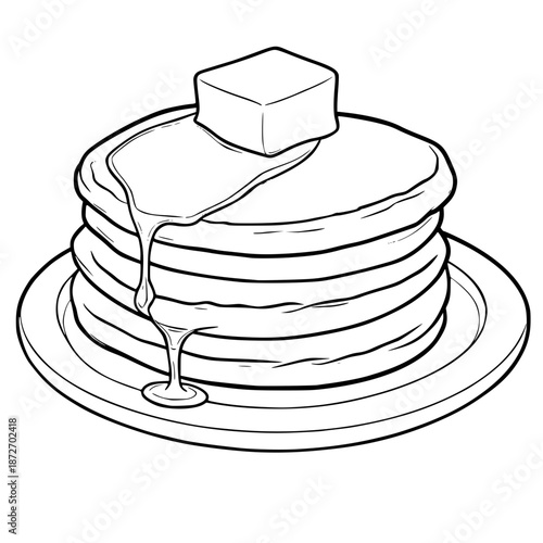 Hand-drawn black line art illustration of a stack of four fluffy pancakes on a round plate. The sketch features a square pat of butter melting on top with syrup dripping down the sides