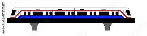 Side-view illustration of a modern electric commuter train, featuring a white body with distinct red and blue racing stripes. The train is shown positioned on a raised concrete track with support pill