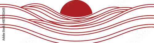 National foundation day of japan. Minimalistic depiction of a red sun rising over stylized ocean waves on a white background.