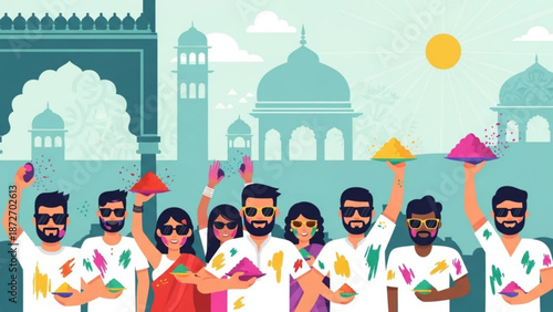 Group of people celebrating holi festival with colorful powder in front of a mosque or temple architecture with celebration and throwing and dome