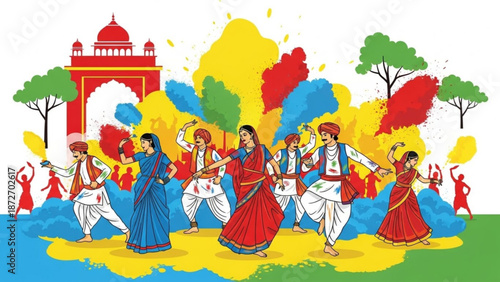 Vibrant indian festival dancers celebrate with colorful powder in traditional attire outdoors with traditional dance and celebration and outdoor event