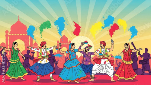 Vibrant indian dancers celebrate holi festival with colorful powders and traditional attire in front of a majestic architectural backdrop with Indian festival