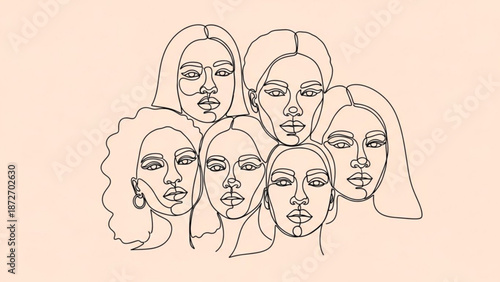 Seven diverse women faces in a line art style on a peach background for design and branding projects with diverse group and minimalist design
